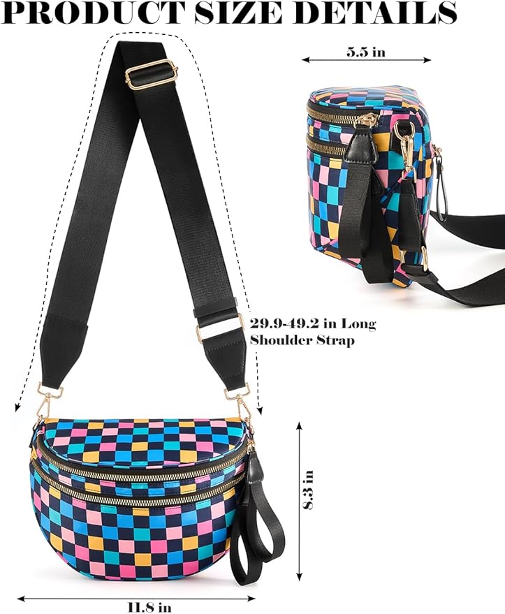 Black and White Checkered Crossbody Bag Bum Bag for Women,Spacious Checkered Purse Fanny Packs Belt Bag