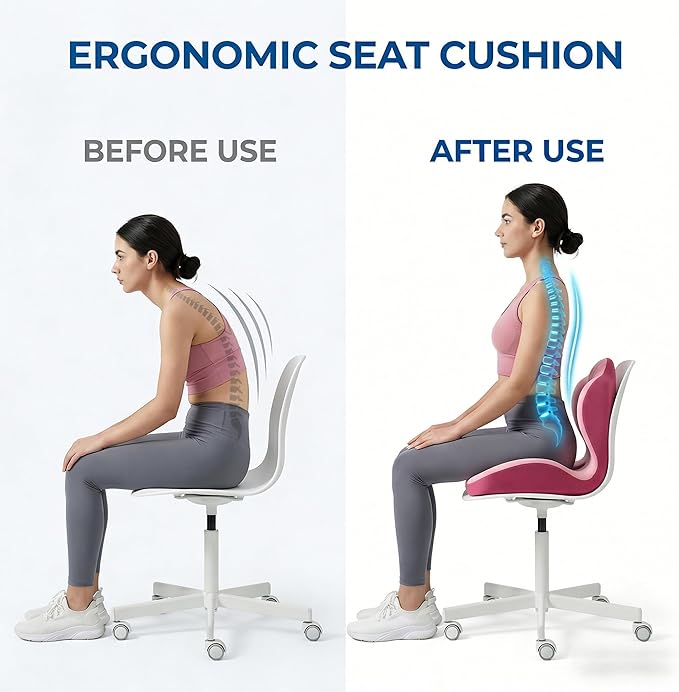 Ergonomic Seat Memory Foam Support Cushion for Back, Car Seat Back Support Cushion for Sciatica Tailbone Pain, Office Desk Chair Car Travel Seat Cushion (Pink)