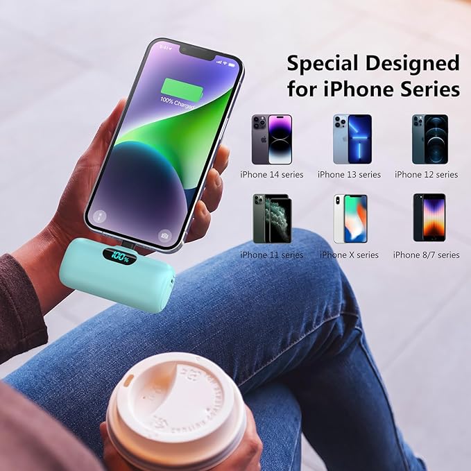 [2 Pack] Mini Portable Charger 5000mAh,Ultra-Compact 15W PD Fast Charging Power Bank,LCD Display Cute Battery Pack Backup Charger Compatible with iPhone 14/14 Pro Max/13 Pro/12/11/XR/8/7-Green+Purple