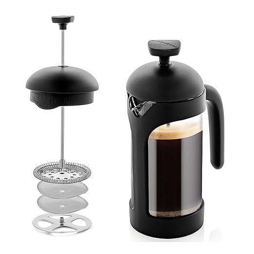OVENTE French Press Coffee Maker 12 Ounce with Heat Resistant Borosilicate Glass & Stainless Steel 4-Level Filtration System, Portable Cold Brew Coffee Maker for Travel, Camping or Gift, Black FPB12B