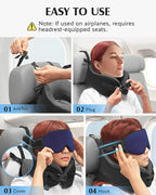YFONG Travel Pillow for Long Flight Airplanes, Head Strap Combo with 3D Contoured Eye Mask for Sleep, Neck Pillow for Car Trip Essential, 360° Support Memory Foam Headrest, Prevent Bobbing, Blue