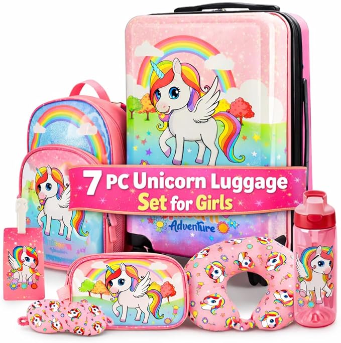 emissary 7pcs Unicorn Girl’s Luggage Set with wheels – Rolling Luggage, Backpack, Eye Mask, Toiletry Bag, Suitcase Tag, Neck Pillow & Water Bottle – Carry Luggage for Kids & Girls with Wheels
