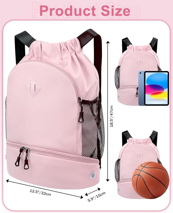 RHDZO Drawstring Backpack Gym Backpack with Shoe Compartment for Men Women String Sports Bag with Wet Pocket Cinch Swim Beach Bag, Large Pink