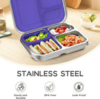 BOSEDSANG Stainless Steel Kids Leak-Resistant Bento Lunch Box, 3-Compartments with Silicone Container, Dishwasher-Safe, Child-Friendly Design for School, Picnics & Travel,BPA-Free(Purple)