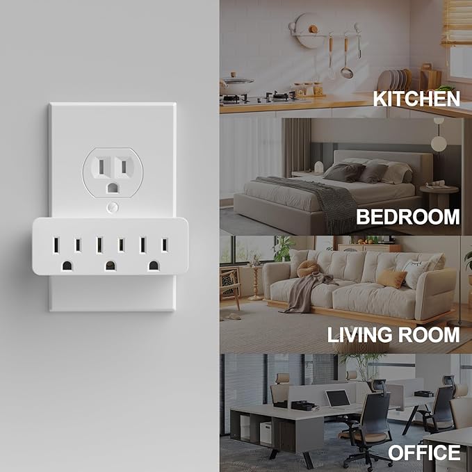 3 Outlet Adapter Extender, 3 Way Grounded Plug Splitter, 1 to 3 Plug Outlet Splitter, White,2 Pack.