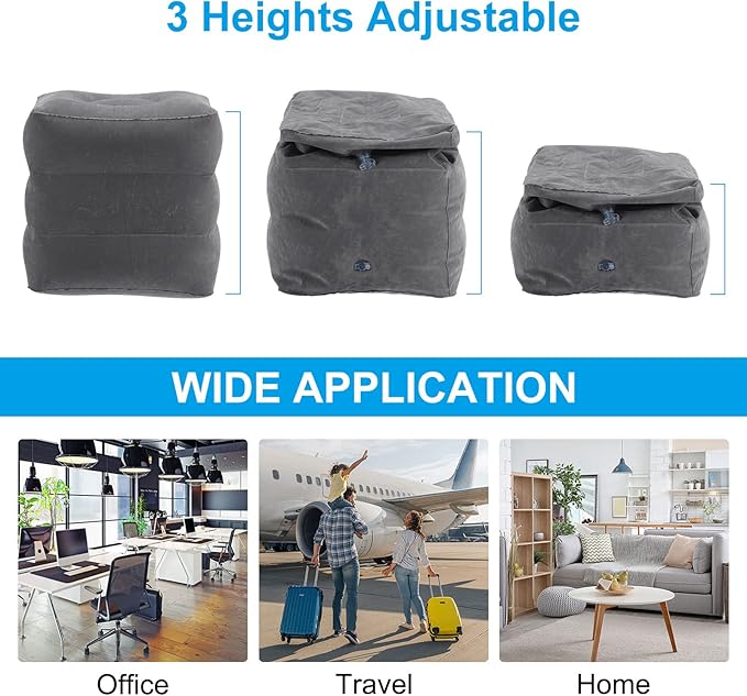 PATIKIL Travel Foot Rest Pillow, Inflatable Foot Rest Mat Adjustable 3 Layers Height Sleep Flights Leg Pillow for Airplane Train Office, Gray