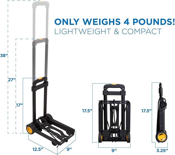 Mount-It! Folding Luggage Cart and Dolly | 77 Lb Capacity | Portable Lightweight Luggage Trolley Cart with Telescoping Handle and 4 Rubber Wheels | Steel Frame