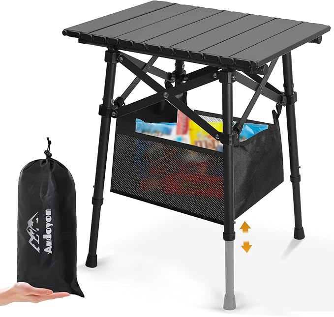 Folding Camping Table - Small Outdoor Table with Storage Bag - Adjustable Height 14.2'' & 18.9'', Portable Lightweight Aluminum Foldable Side Table for Picnic, BBQ, Beach & Tailgating (Small)