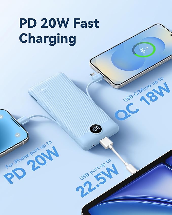 VRURC Portable Charger Power Bank - 10000mAh Fast Charging 22.5W USB Port Fast Charging Power Bank,4 Outputs Dual Inputs Slim Compact Rechargeable Battery Pack Travel Accessories-Blue(1 Pack)