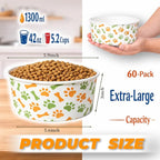 60 Pcs 42 oz/ 5.2 Cups Disposable Pet Bowls with Waterproof PE Coating, Heavy Duty Leakproof Bulk Dog Bowls with Printed Pattern for Multi-Dog Homes, Puppies, Travel, Camping & Pet Party