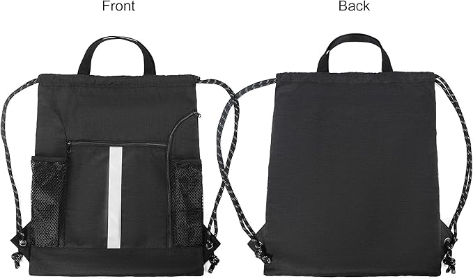 BeeGreen Mix-Black-Drawstring-Backpack-Bag, Large String Sack with Shoe Compartment and Two Side Mesh Pockets Lightweight Sturdy For Gym