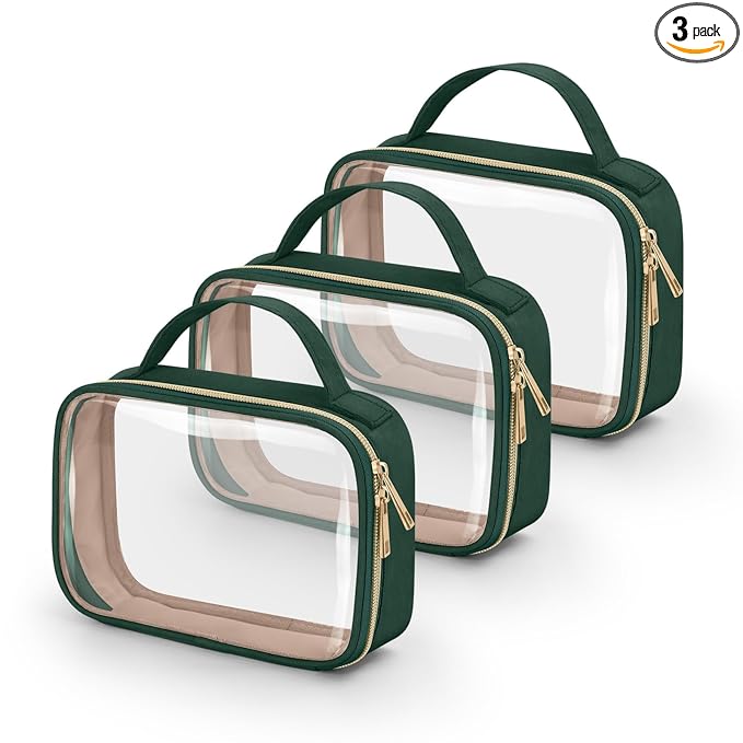 Wedama TSA Approved Toiletry Bag, 3 Pack Clear Makeup Bags with Handles, Quart Size Clear Toiletry Bags, PVC Cosmetic Bags for Women and Men, Carry on Airport Airlin (Dark Green, 3 Pack, Medium)