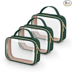 Wedama TSA Approved Toiletry Bag, 3 Pack Clear Makeup Bags with Handles, Quart Size Clear Toiletry Bags, PVC Cosmetic Bags for Women and Men, Carry on Airport Airlin (Dark Green, 3 Pack, Medium)