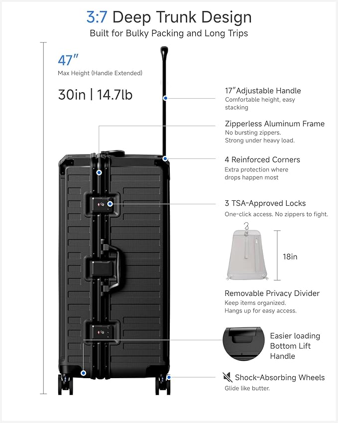 LUGGEX Checked Suitcase with Spinner Wheels, 8010S Aluminum Frame Zipperless Polycarbonate Hard Shell Suitcase with 5 Packing Cubes and a Shoe Bag (ZX-Core, Black, 30 Inch)