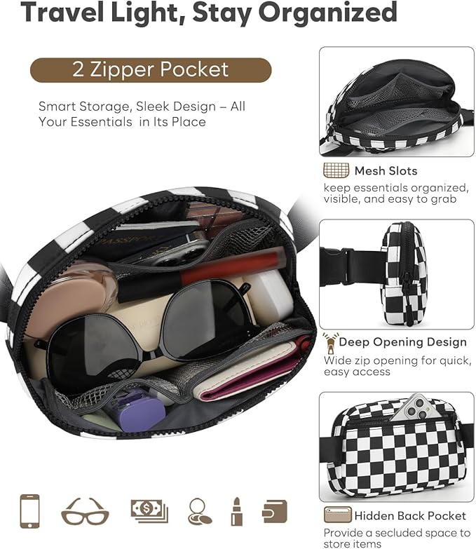 Pritent Fanny Packs for Women Cross Body Bag Waterproof Belt Bag with Adjustable Strap and Zipper Back Pocket Small Crossbody Bags Fashion Waist Packs for Workout Travelling(Checkered Black, Large)