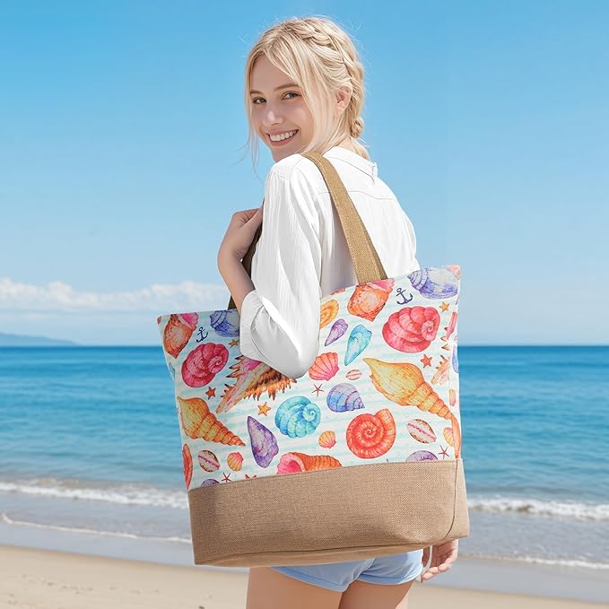 Trifabricy Beach Bag for Women, Large Beach Tote Bags with Zipper, Woven Straw Tote Waterproof, Swim Gym Shopping Travel Bag