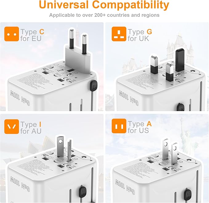 VYLEE PD100W GaN Universal Travel Adapter, International Power Adapter in One, 3 USB C & 1 USB A & AC Outlet, Travel Adapter Worldwide Plug Adapter with USA EU UK AUS Plugs (White)