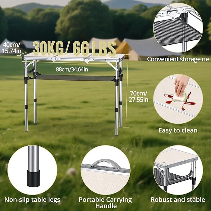 Anbte Folding Camping Table with Storage Net, 3ft Camping Table Aluminum Folding Table with 3 Adjustable Height Max 27.1 Inch, Portable, for Outdoor Backyard BBQ, Silver