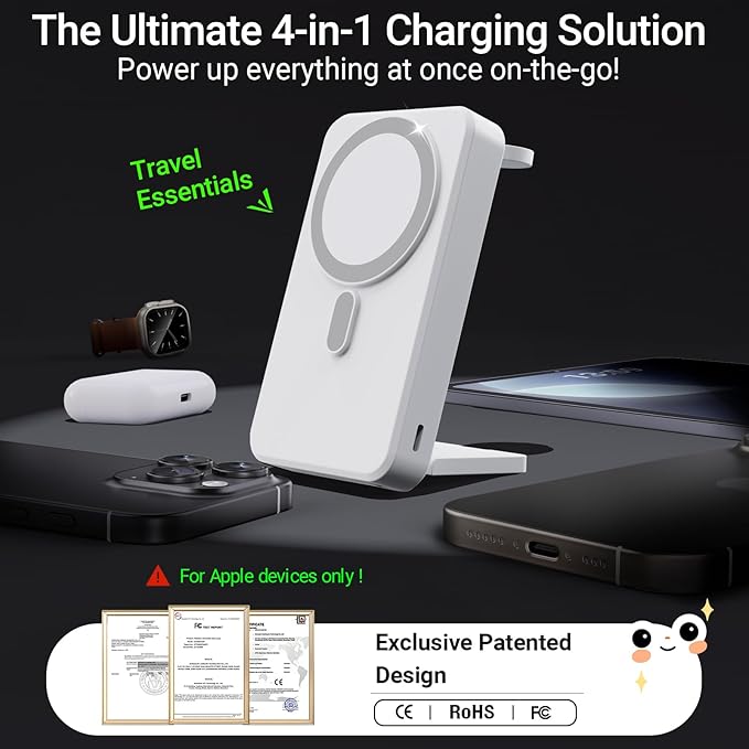 Kysson 5-in-1 Portable Charger, 10000mAh Foldable Power Bank Fast Charging,MagSafe Charger Battery Pack Magnetic,Travel Wireless Charging Station for iPhone 17/16/15/14/13/12,iWatch, Air pods, White