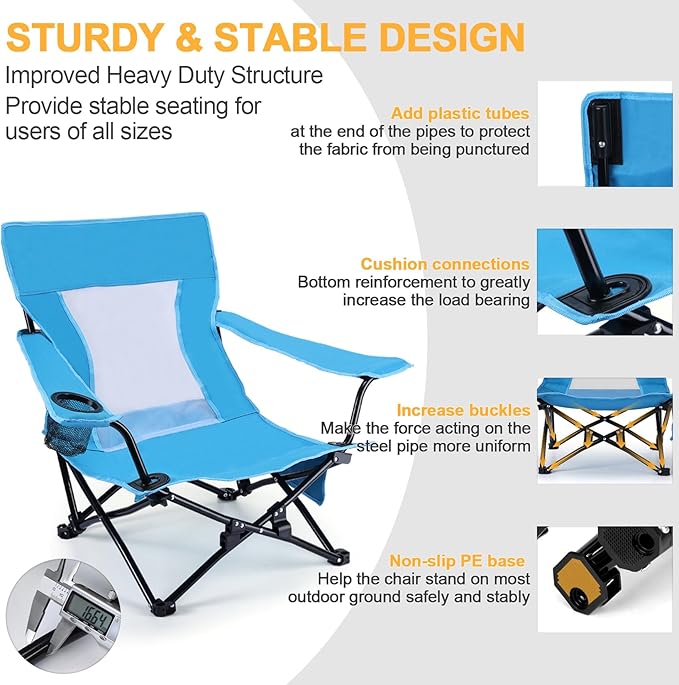 Joyfair Beach Camping Chair (2 Pack), Outdoor Folding Lawn Chair for Adults, Heavy Duty Portable Chair with Armrest for Outside Fishing, Sport, Patio, Cup Holder & Storage Pocket, Carry Bag (Blue)