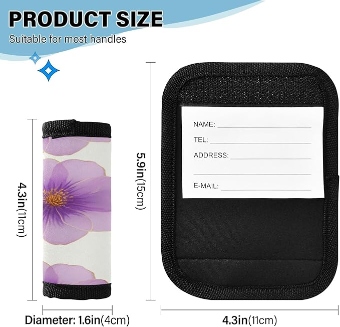 2 Pack Purple Flower Luggage Handle Wrap, Detachable Luggage Tag, Neoprene Suitcase Wrap with Comfort Grip & Bright Identifier for Suitcase, Travel Bag, Sports Bag