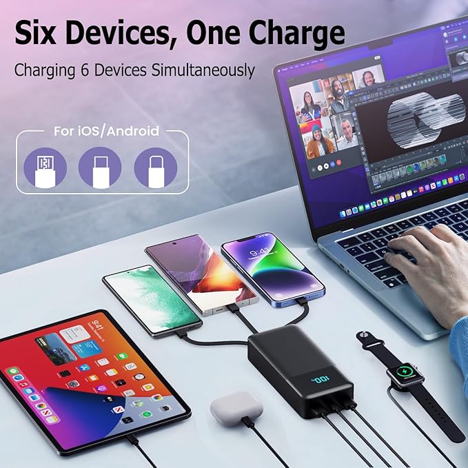 Portable Charger Power Bank 60800mAh,25W USB C Fast Charging Battery Pack with 3 Built in Cables & LED Display,6 Output 2 Input Travel Essentials Phone Charger for iPhone 17/16/15,Android etc (Black)