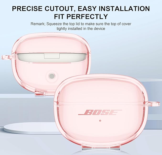 Aircawin for Bose Ultra Open Earbuds Case Clear 2024,Full Protective Shockproof Soft Transparent TPU Cover for Bose Open Ear Wireless Earbud Headphone Accessories with Carabiner and Cleaning Pen-Pink