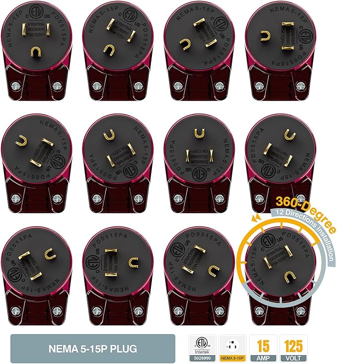 (3PACK) ETL Listed 90 Degree USA Canada Male Plug Nema 5-15P 3 Pole Angle DIY Plug, 15A 125V USA 3Pin Right Angle, Nema 5-15P Angled Rewireable,Red Color