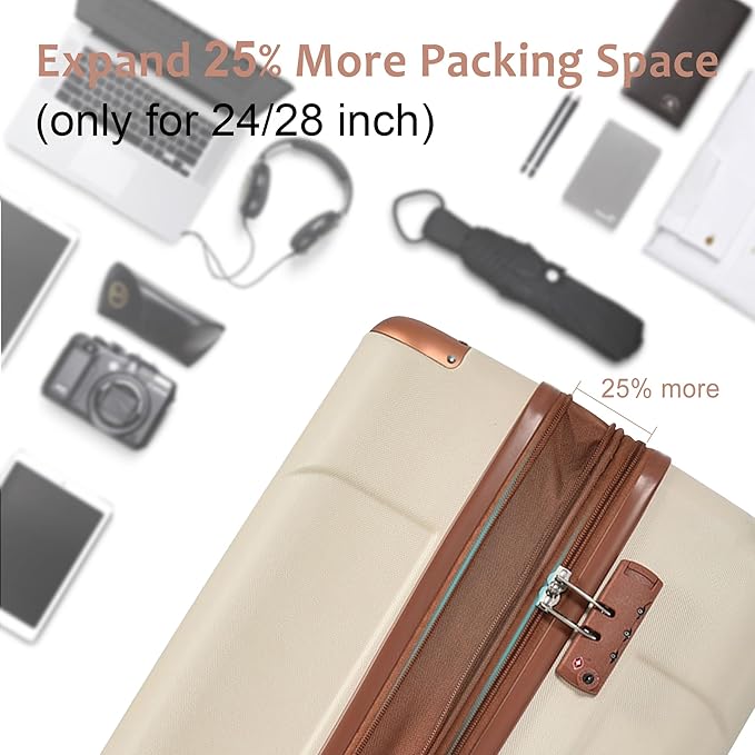 2 Piece Luggage Set, Hardside Suitcase with Spinner Wheels, TSA Lock & Expandable Hard Shell, Carry on and Checked Luggage for Travel, Maletas de Viaje for Men & Women (White Brown, 20+28Inch)