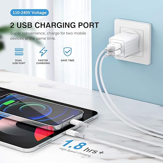 iPhone Fast Charger, Dual Port Wall Charger 2Pack[Apple MFi Certified] Fast Charging 10FT Extra Long Lightning Cable Cord Double Wall Charger Adapter Block Plug for iPhone 13 12 11 Pro Max XS XR X