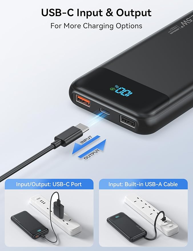 Portable Charger, 10000mAh 22.5W Fast Charging Power Bank with 4 Built-in Cables, Travel Essentials Battery Pack with LED Display, 6 Outputs Charging Bank Compatible with iPhone, iPad, Samsung Black