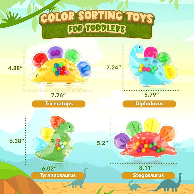 Dinosaur Color Sorting Sensory Toy - Roadtrip Travel Essenstial for Toddler, Fine Motor Games Boys Toys, Dementia Autistic Gift Quiet Fidget for Classroom Preschool Learning Activities for Kid Toddler