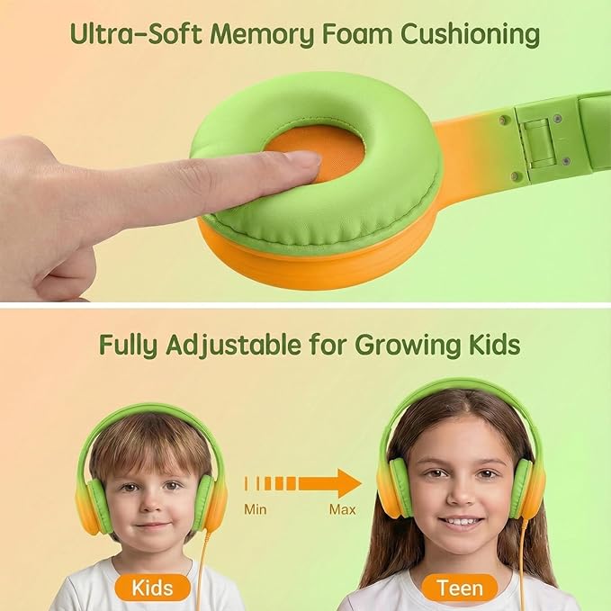 ADOOPE Wired Kids Headphones with USB C Plug, 85dB Safe Volume, Adjustable Headband, Tangle-Free Cord Headphones for School, Tablet, Travel (Lime Green & Orange, Without Microphone)