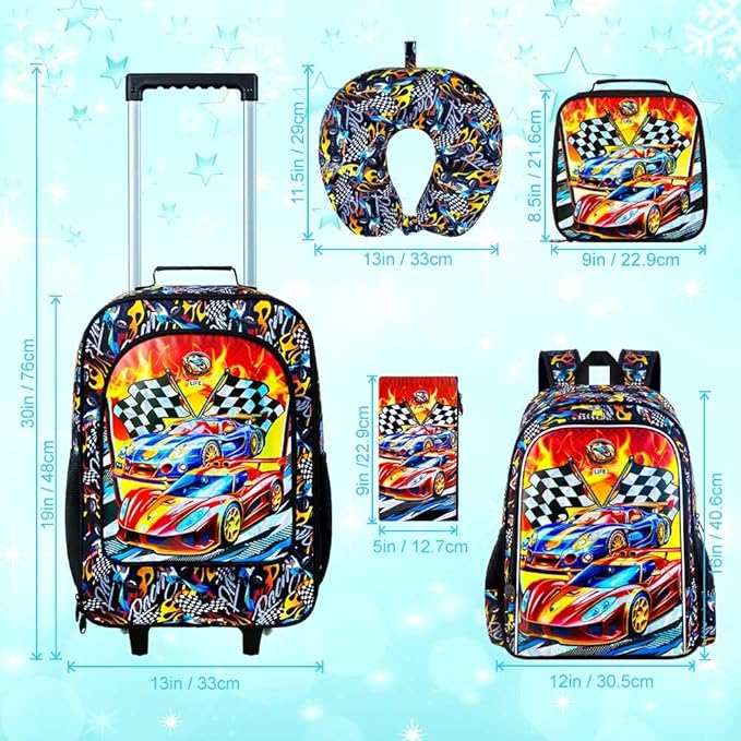 HPJGD 5PCS Boys Suitcase Set, Kids Water-Resistant Rolling Luggage, Cool Car Racing Travel Carry-On for Elementary/Preschool Toddler