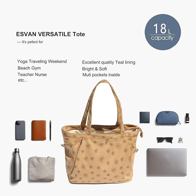 ESVAN Corduroy Yoga Tote Bag Gifts for Women Drawstring Yoga Mat Bag for Office Workout Travel Carryall Pilates Gym