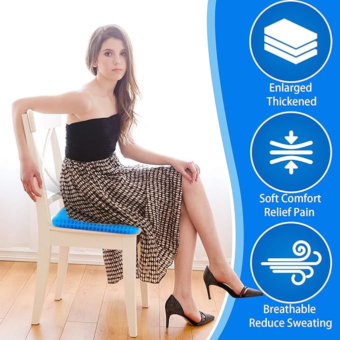 KYSMOTIC Large Gel Seat Cushion for Long Sitting (Large & Thick), Soft & Breathable, Gel Cushion for Wheelchair Reduce Sweat, Chair Cushion for Office Chair (Black Cover)