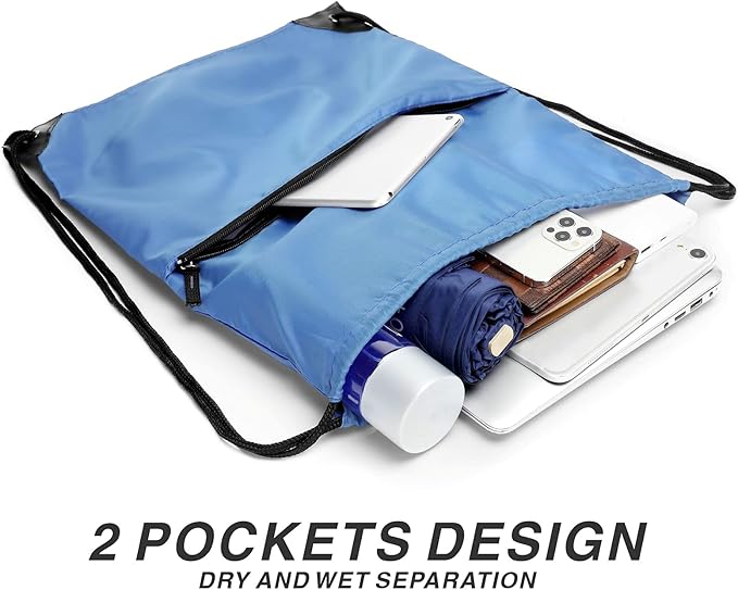 Drawstring Backpack Sports Water Resistant String Bag Sport Gym Sackpack for Women Men Large with Zipper, Baby Blue