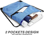 Drawstring Backpack Sports Water Resistant String Bag Sport Gym Sackpack for Women Men Large with Zipper, Baby Blue