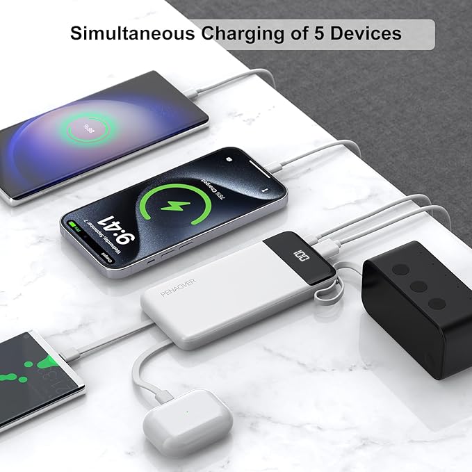 Portable Charger Built-in Cables,10000mAh Power Bank for iPhone,Fast Charge USB C Battery Pack Travel Essentials Slim Lightweight Powerbank Compatible with iPhone 17/16/15/14, Samsung, Android, etc