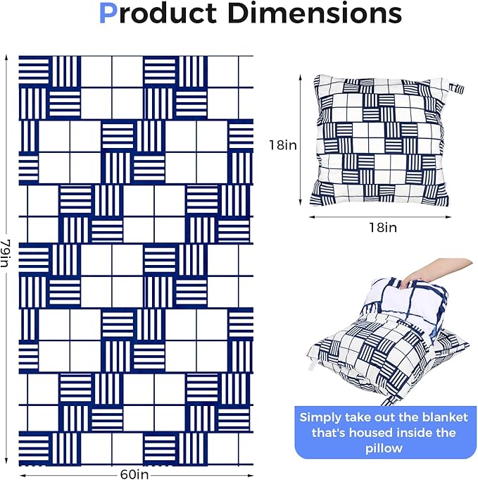 3 in 1 Travel Pillow Blanket Set with Removable Flannel Blanket Throw,Hand Warmer Pockets,Pillow (Color1, 60in*79in)