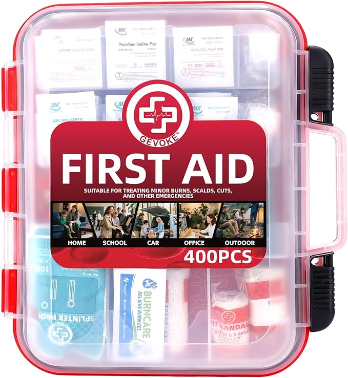 Gevoke 400 Piece First Aid Kit - Organized Dual-Layer Wall-Mountable Hard Case Medical Kit for Home, Car, Camping, Travel, Hiking, Truck, Office, Sports, Vehicle & Outdoor Emergencies