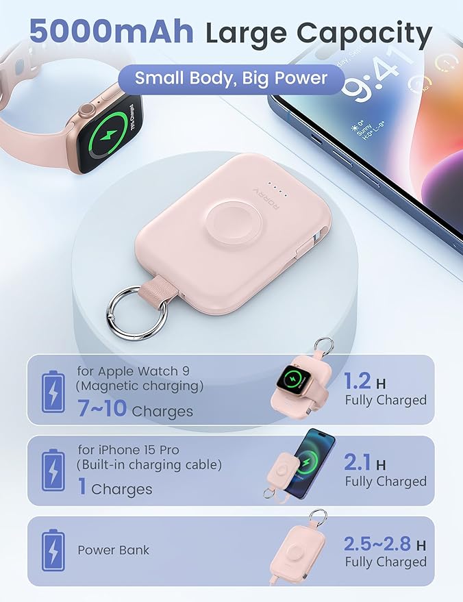 RORRY CharmGo Portable Charger, 5000mAh Portable Charger Power Bank with Built-in Cables, Travel Keychain Battery Pack for Apple Watch and iPhone Air/17/16/15/14/13/12, Pink
