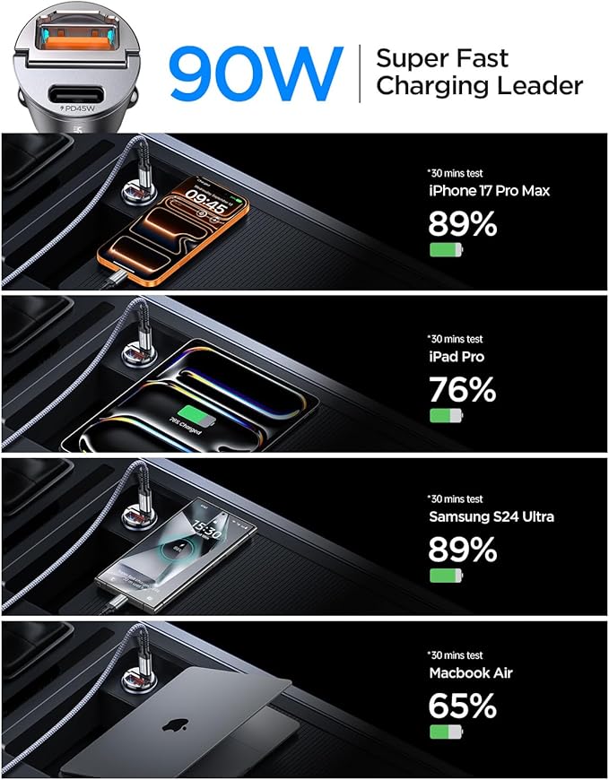 MRGLAS 90W USB C Car Charger Fast Charging,[Invisible Design] All Metal Car Charger USB C PD45W+QC3.0 Dual Port Cigarette Lighter Car Adapter for iPhone 17 16 Pro Max Plus 15 Samsung S26 S25 Ultra