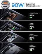 MRGLAS 90W USB C Car Charger Fast Charging,[Invisible Design] All Metal Car Charger USB C PD45W+QC3.0 Dual Port Cigarette Lighter Car Adapter for iPhone 17 16 Pro Max Plus 15 Samsung S26 S25 Ultra