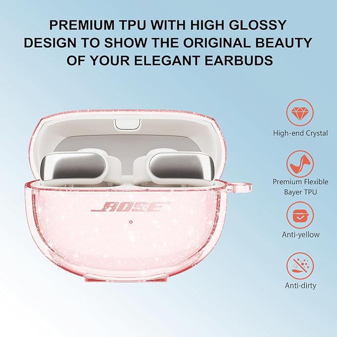 Aircawin for Bose Ultra Open Earbuds Case Clear Pink Glitter,Cute Sparkle Bling for Bose Ultra Open Case Cover 2024,Soft TPU Cover for Bose Open Ear Earbuds Accessories with Carabiner and Cleaning Pen
