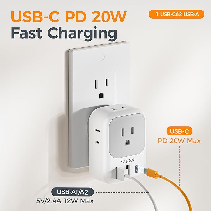 TESSAN USB C Charger Block 20W PD, Fast Charging Adapter Wall Plug, Power Outlet Extender(4 AC and 3 USB) for Cruise, Home, Office, Dorm Room Essentials, Grey