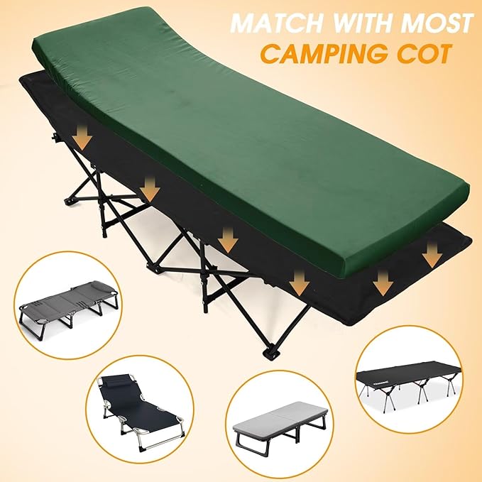 CYMULA Camping Cot Mattress 2in Memory Foam Sleeping Pad,Soft Warm Non-Slip Camping Mattress Topper with Retaining for Adults,Portable Roll up Pad for Travel（only Mattress）