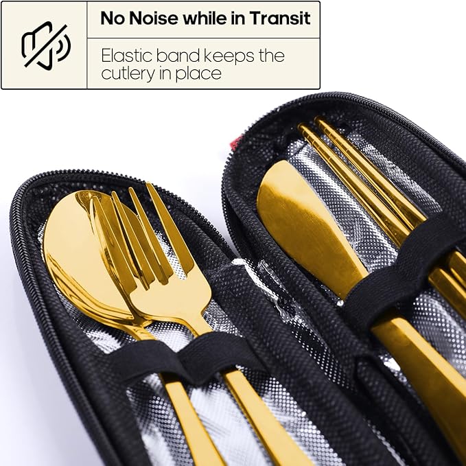 Travel Utensils with Case, Quatish Portable Silverware Set for Work, Stainless Steel Reusable Travel Cutlery, Fork and Spoon Set for Camping, Picnic, Gadgets, Lunch Box for Men, Christmas Gift, Gold