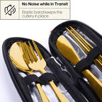 Travel Utensils with Case, Quatish Portable Silverware Set for Work, Stainless Steel Reusable Travel Cutlery, Fork and Spoon Set for Camping, Picnic, Gadgets, Lunch Box for Men, Christmas Gift, Gold