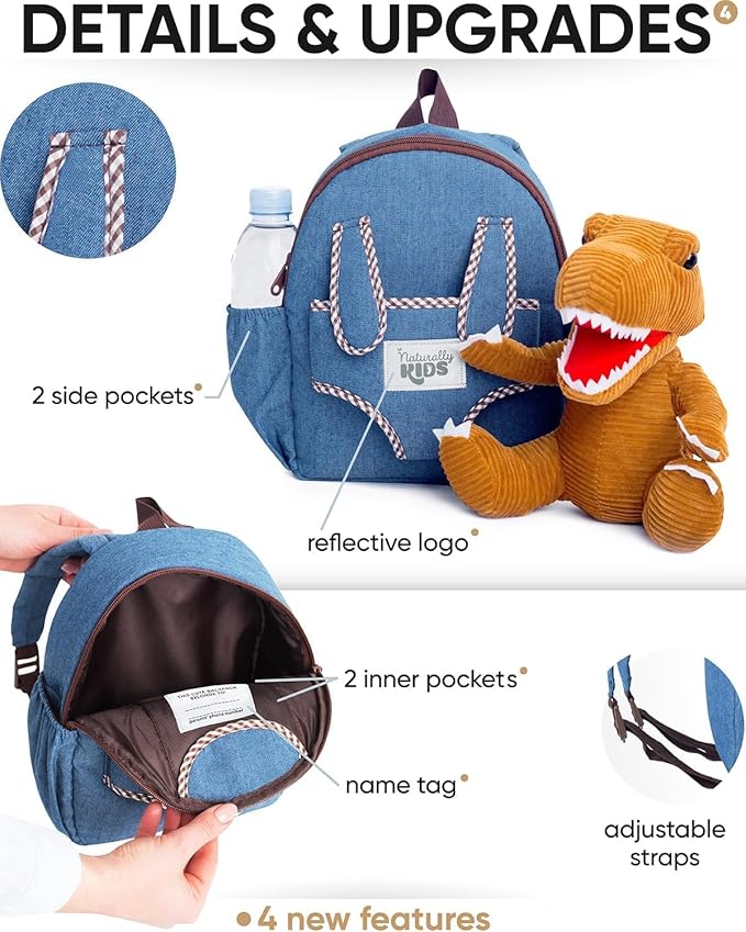 Naturally KIDS 【Upgraded】 Toddler Backpack with Detachable Dinosaur Toy for Boys | Side & Inner Pockets, Reflective Logo | Dinosaur Backpack for Kids 3-5